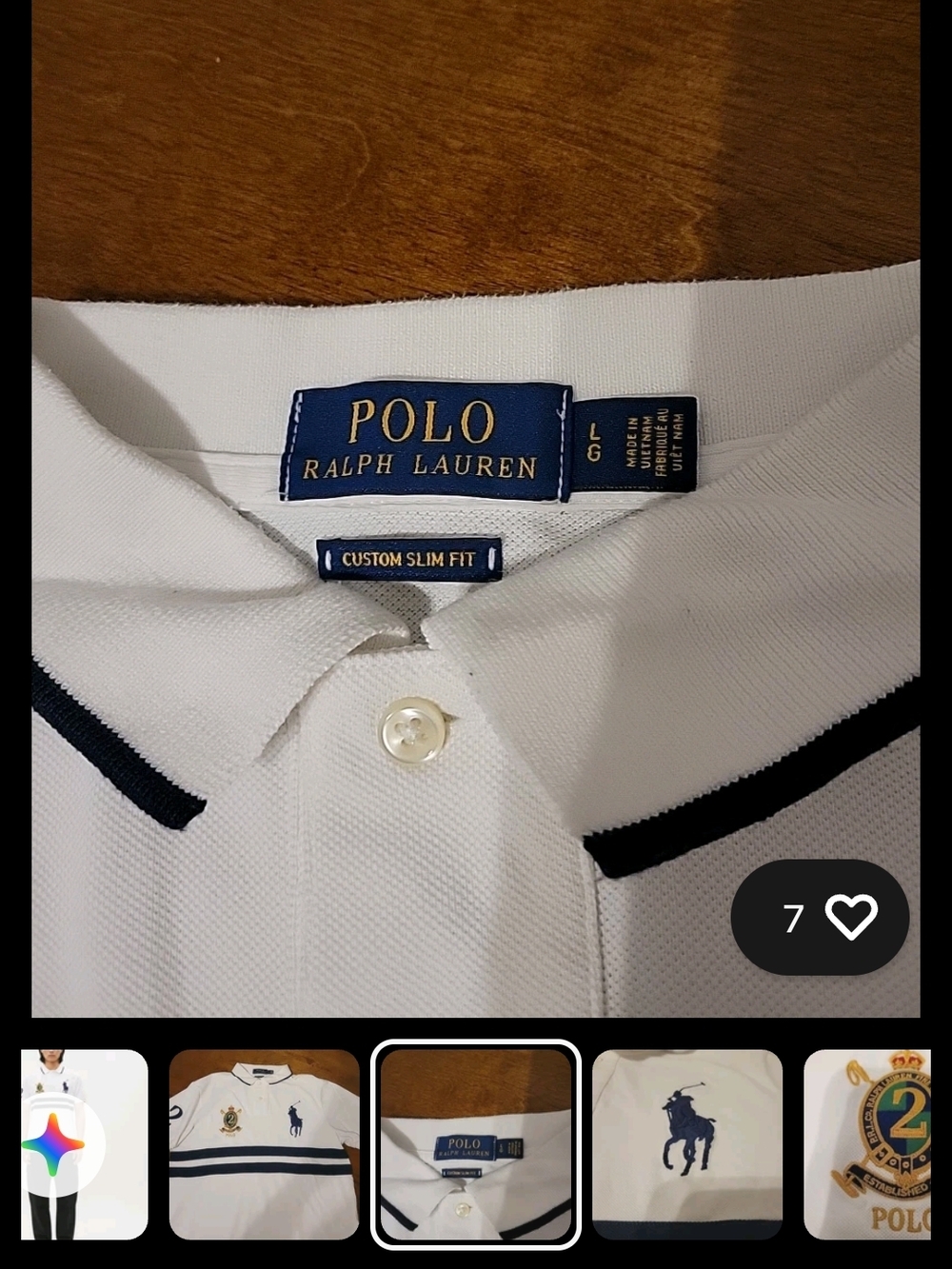 Ralph Lauren White Polo Shirt with Navy Stripes & Pony Logo - Picture 4 of 10